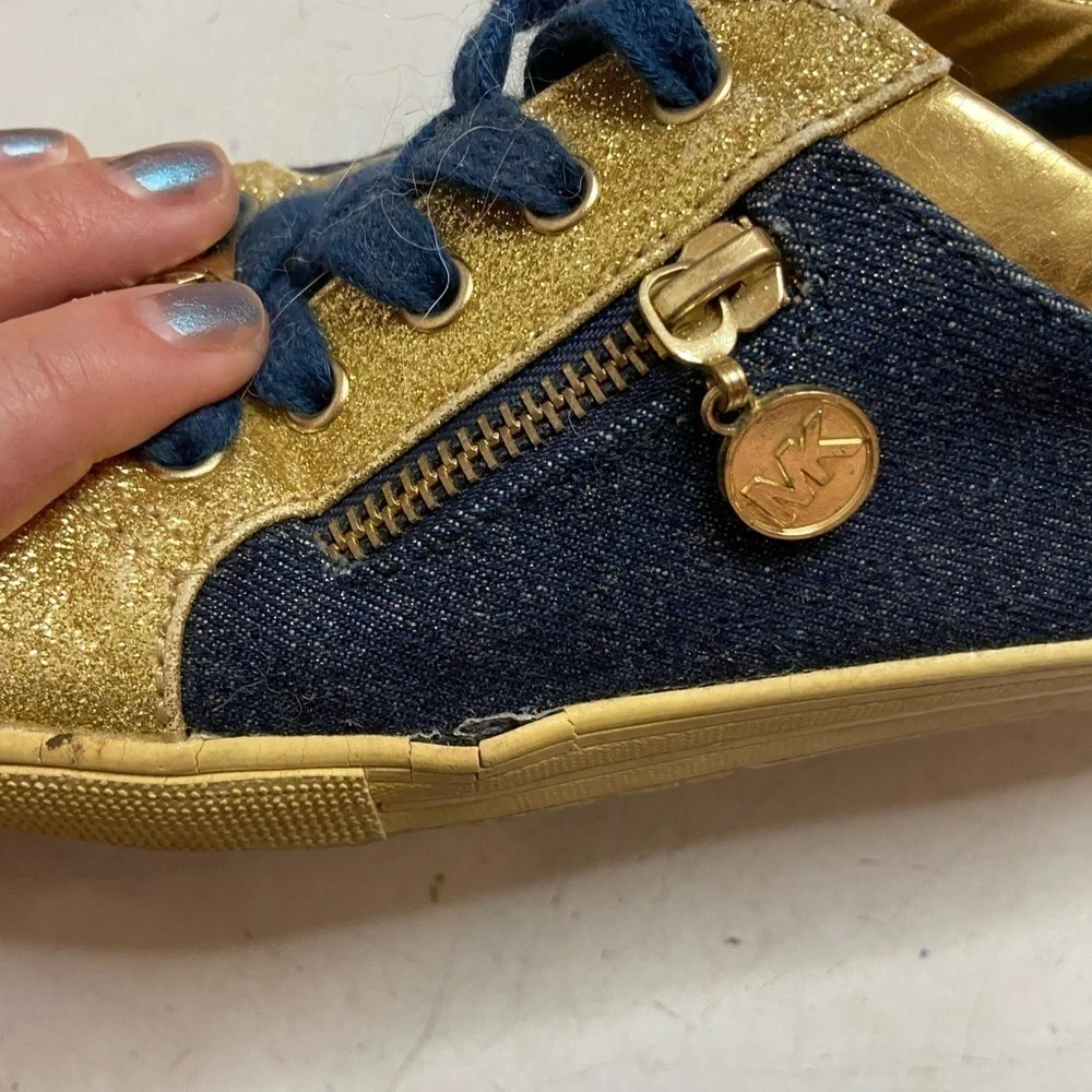 MICHAEL KORS MALAGA DENIM GOLD GLITTER FASHION SNEAKERS SHOES SIZE 4 LACE-UP GUC